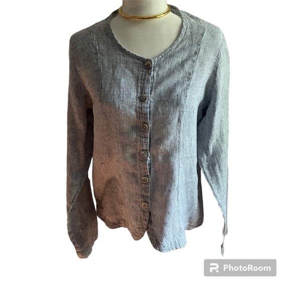 Vintage FLAX 100% Linen Blue Striped Blouse - Picture 1 of 5